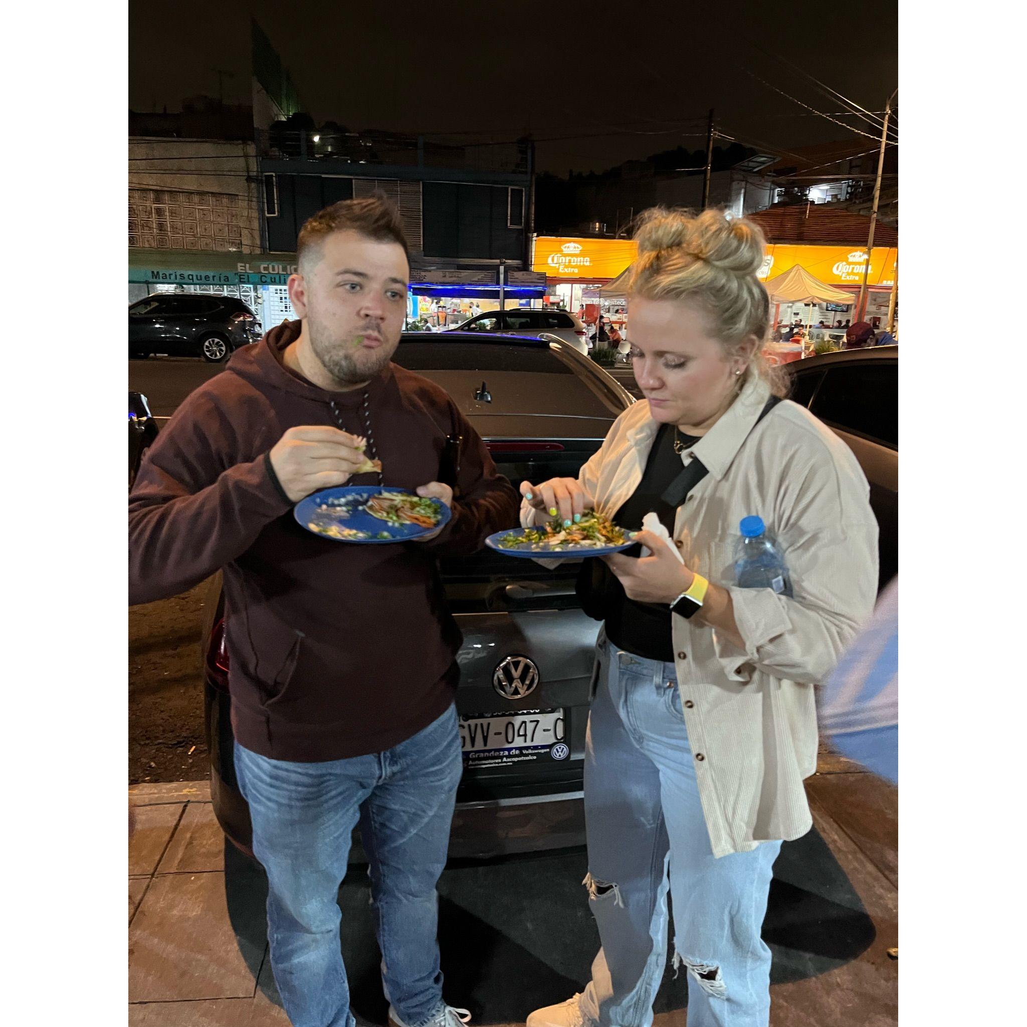 Nomming on Mexico City garage tacos.