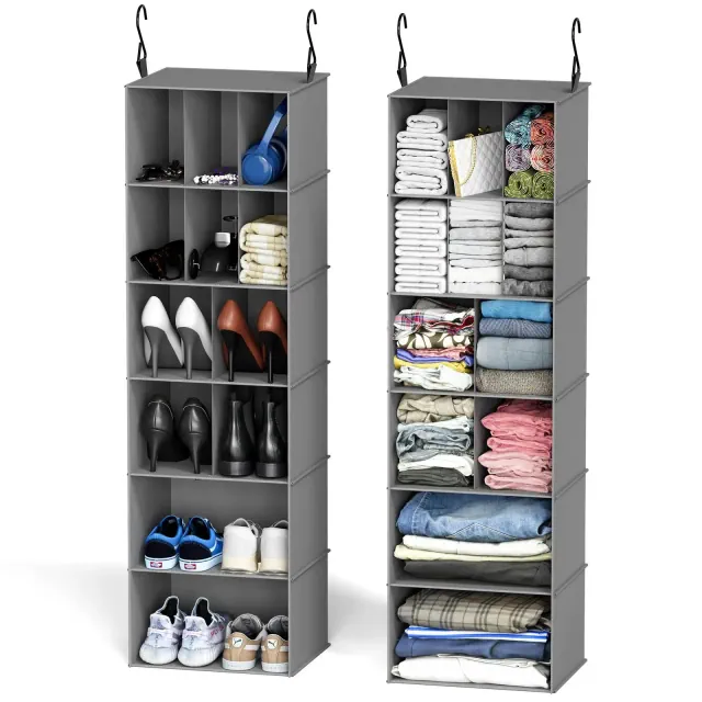 2 Pack 7 Shelf Hanging Closet Organizer and Storage with Dividers ,Efficient shoe storage for closets,Gray