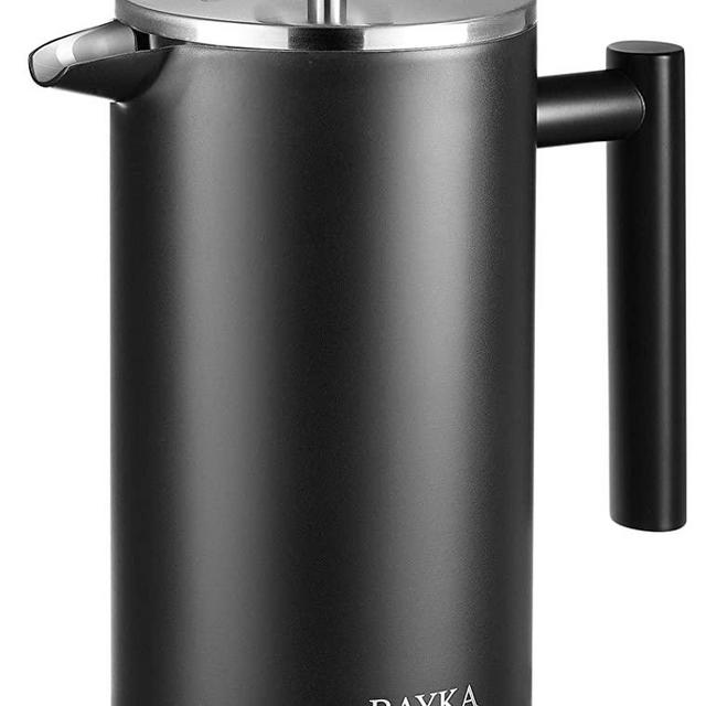 BAYKA 34 Oz French Press Coffee Maker, 304 Grade Stainless Steel, Double Wall Insulated Coffee Press for Home Office, 4-Level Filtration Systems, Dishwasher Safe, Black