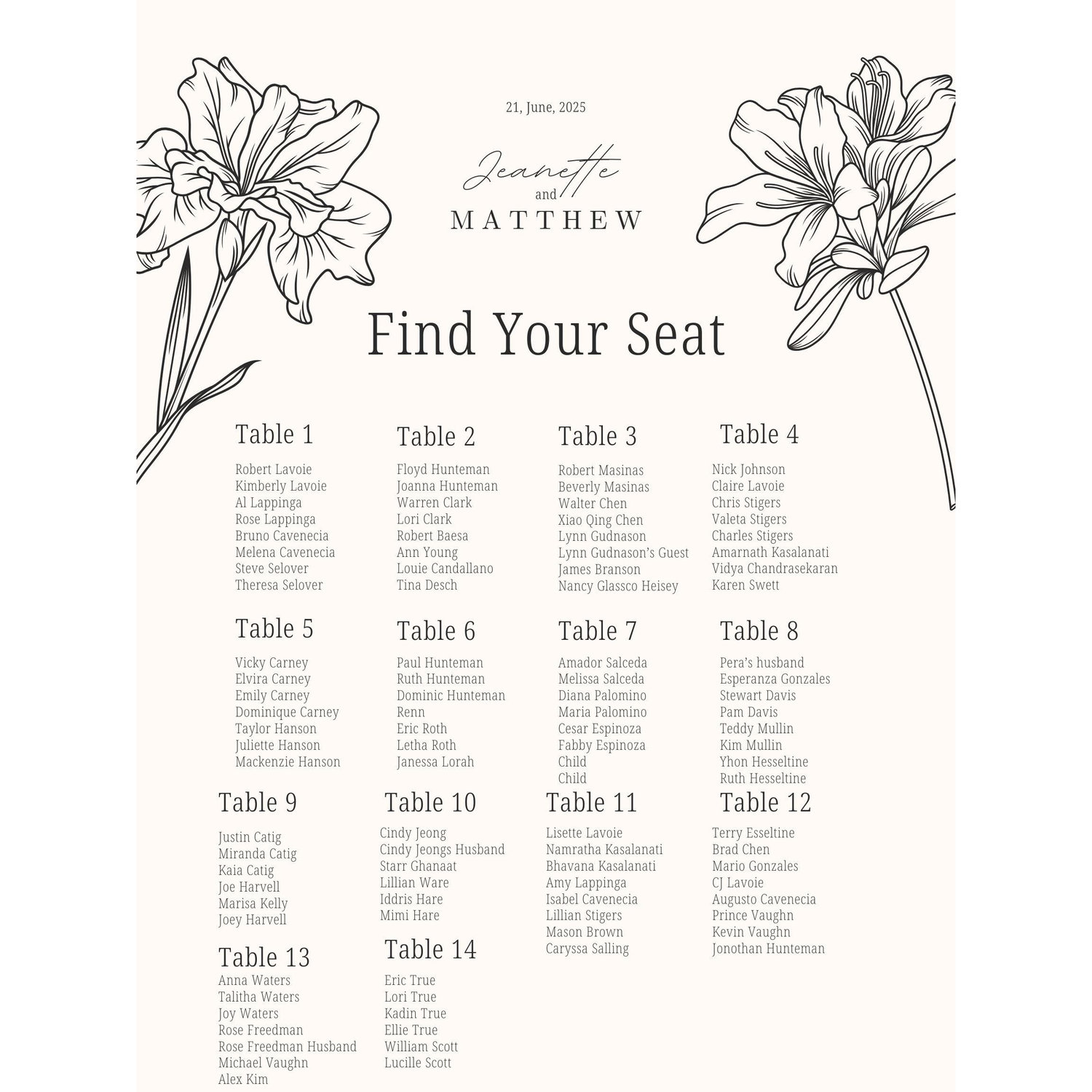 Here is the Seating Chart for Saturday