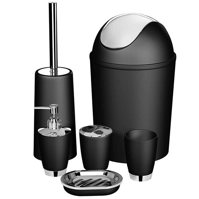 Yasolote Bathroom Accessories Set,6 Pcs Plastic Gift Set with Toothbrush Holder,Toothbrush Cup,Soap Dispenser,Soap Dish,Toilet Brush Holder,Trash Can,Tumbler Straw (Black)