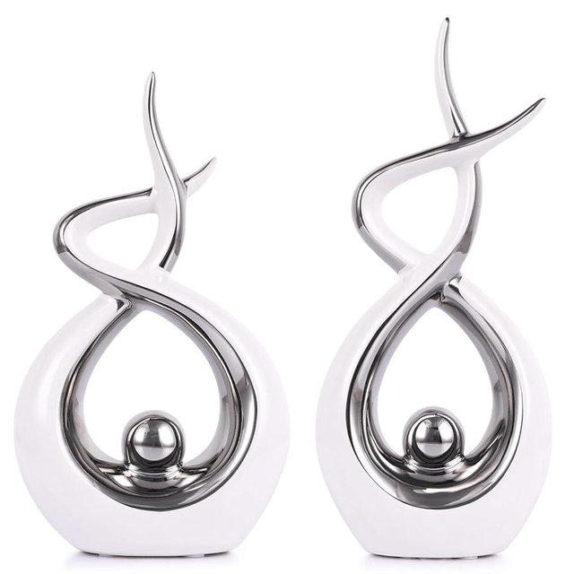 PlivBloom Silver White Abstract Ceramic Modern Sculpture, Knick Knacks Statues for Living Room, Shelf, TV Stand, Coffee Table, Dining Room, Office, Bedroom, Home Decor, Centerpiece, Great Gift Idea
