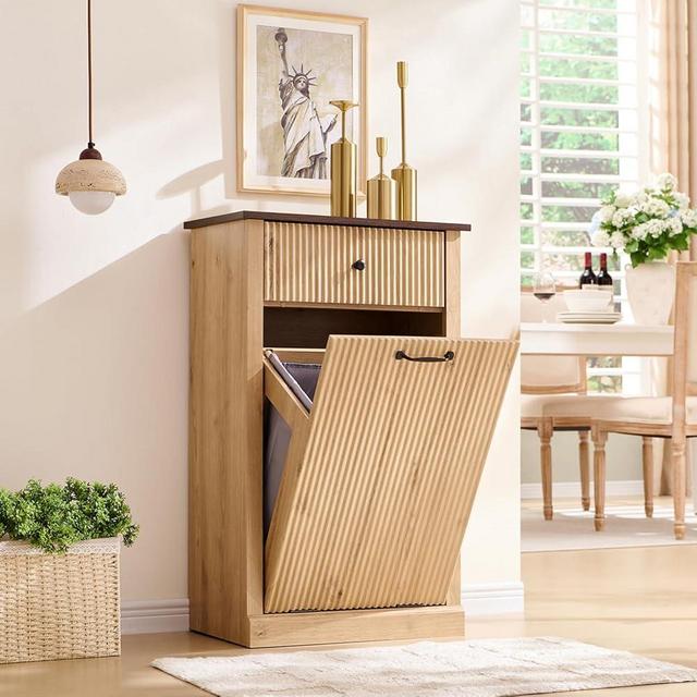 IFGET Modern Tilt-Out Trash Can Cabinet, 10 Gallon Fluted Laundry Hamper Cabinet with Drawers, Wooden Hidden Garbage Can Cabinet w/Storage Basket, Free Standing for Kitchen & Living Room,Natural Oak