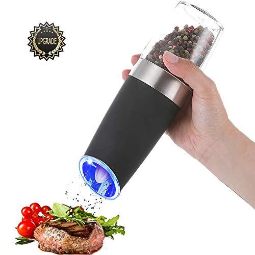 Gravity Electric Pepper Grinder, Salt and Pepper Mill & Adjustable Coarseness, Battery Powered with LED Light, One Hand Automatic Operation, Stainless Steel (Black)