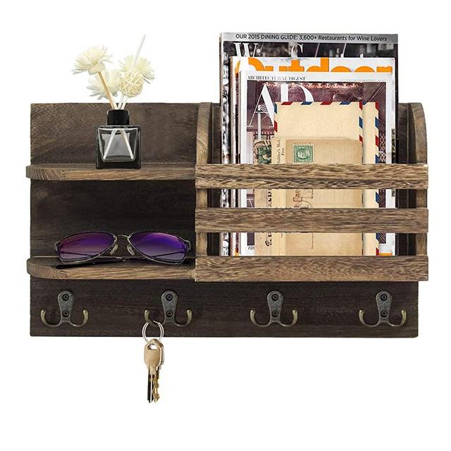 Mail Organizer Wall Mounted with Key Hooks, Mail and Key Holder for Wall Decorative, Mail Sorter Mail Shelf Organizer, Rustic Wood Mail Holder Key Rack Hangers for Hallway, Entryway
