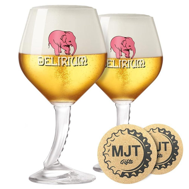 MJT Gifts Delirium Beer Glasses - Elephant Trunk Stem - with Coasters (2pk)
