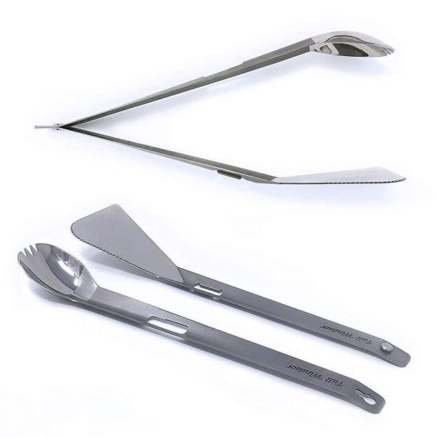 Full Windsor The Splitter Titanium Tongs, Spork and Spatula from Portable Lightweight Metal Multi Utensil for Camp Kitchen, Backpacking, Travel, Outdoor Cooking, Camping Cookware, No Mess Eating Set