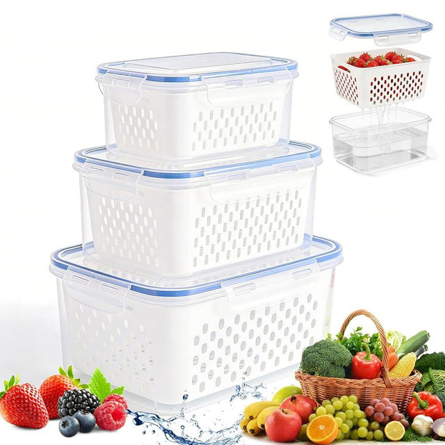 4 in 1 Food Storage Container,Fruit Storage Containers for Fridge,Produce Storage Containers with Lid and Strainer,Including Drain Basket,Keep Berry Fruit Fresh Longer(3PC-White)