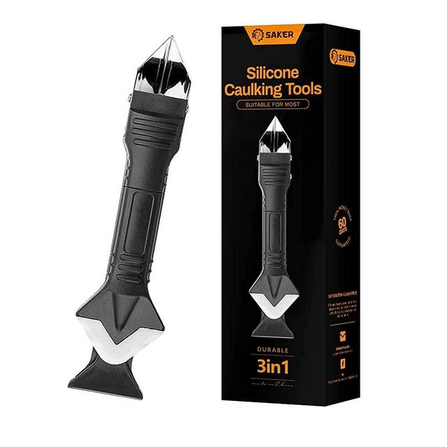 Saker Silicone Caulking Tools, 3 in 1 Sealant Finishing Tool Grout Remove Scraper Stainless Steelhead, Great Tool Kit Heavy Duty Glue Guns for Bathroom Kitchen Floor Window