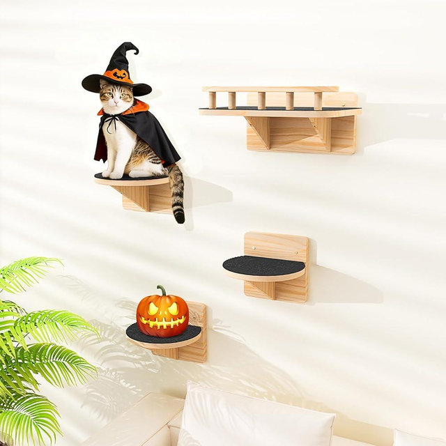 XiaZ Cat Wall Shelves, Cat Wide Climber Shelf with 3 Perch Steps, Kitty Wall Mounted Wooden Furniture up to 25lbs, Durable Floating Cats Stairs for Indoor Sleeping, Playing, Climbing and Lounging
