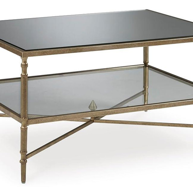 Signature Design by Ashley Cloverty Mid-Century Coffee Table with 1 Glass Shelf and Embellished Legs, Metallic