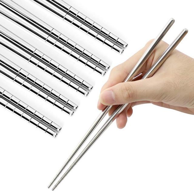 Stainless Steel Chopsticks Reusable Multicolor Lightweight 304 Metal Chopsticks Dishwasher Safe - 5 Pairs (Silver)