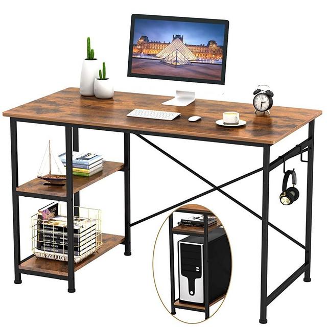 Engriy Writing Computer Desk 47", Home Office Study Desk with 2 Storage Shelves on Left or Right Side, Industrial Simple Style Wood Table Metal Frame for PC Laptop Notebook