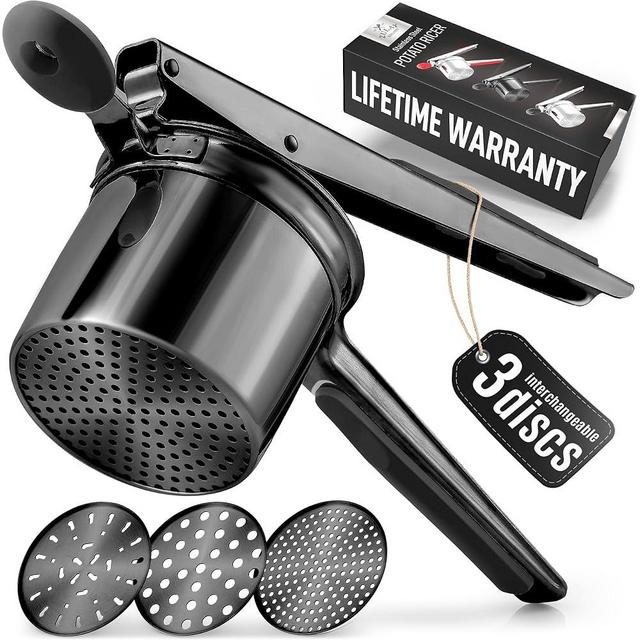 Zulay Large 15oz Potato Ricer with 3 Interchangeable Discs - Heavy Duty Stainless Steel Potato Masher - Ricer Kitchen Tool with Non-Slip Handle - Spaetzle Maker Press (Black Metal)