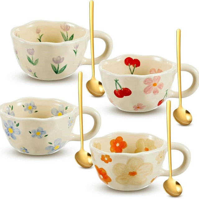 Kawlity 4 Styles Vintage Flower Mugs, 8oz Ceramic Coffee Mug Set with Spoon, Aesthetic Floral Cute Tea Cups with Handles, Porcelain Floral Mugs for Coffee Milk Juice Slushies Oats
