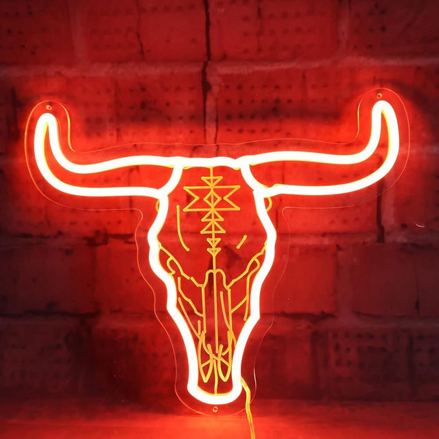 Longhorn Bull Skull Neon Sign For Cowgirl & Cowboy, Texas Long Horn Cow Skull Head LED Neon Light Dimmable Wall Decor, USB Powered for Office, Bar, Man Cave, Game Room