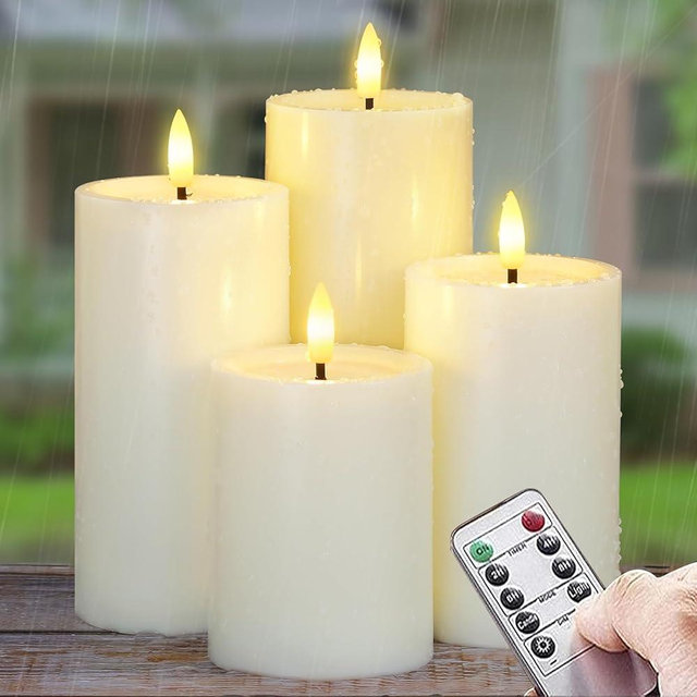 Yeelida Outdoor 4pcs Flameless Waterproof Candles with Handy Remote Control, Cycle Timer Battery Operated Candle Grease Effect LED Flickering Pillar Plastic Long Lasting (Ivory, 3" x4" 5" 6" 7")