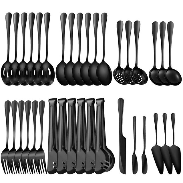 ZLMTZDJD 36-Piece Stainless Steel Serving Utensil Set – Complete Buffet Essentials with Spoons, Forks, Tongs, Ladle & More. Perfect for Wedding, Holiday, Catering, and Family Gatherings (Black)