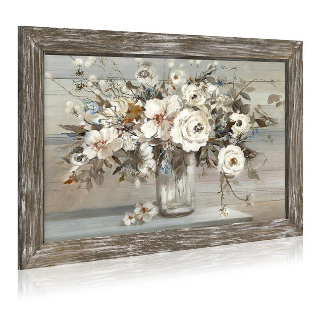 Floral Bouquet Wooden Framed Picture: Vintage Botanical Flowers in Crystal Vase Wall Art Artwork Print Rustic Abstract Nature Plant Painting for Living Room Bedroom Farmhouse