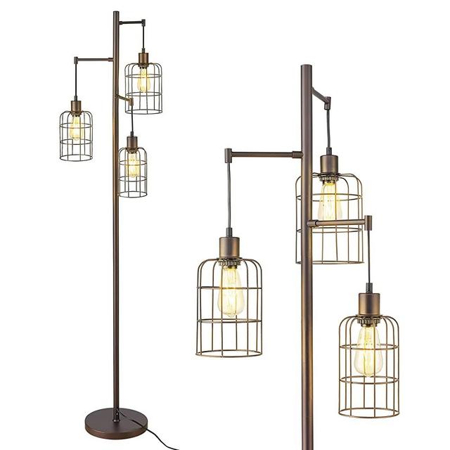 Upgraded Stepless Dimmable Tree Floor Lamp, ELYONA Farmhouse 71” Tall Pole Reading Standing Light with 3 Industrial Cage Shades for Bedroom, Living Room, Office, Edison Bulbs Included, Bronze