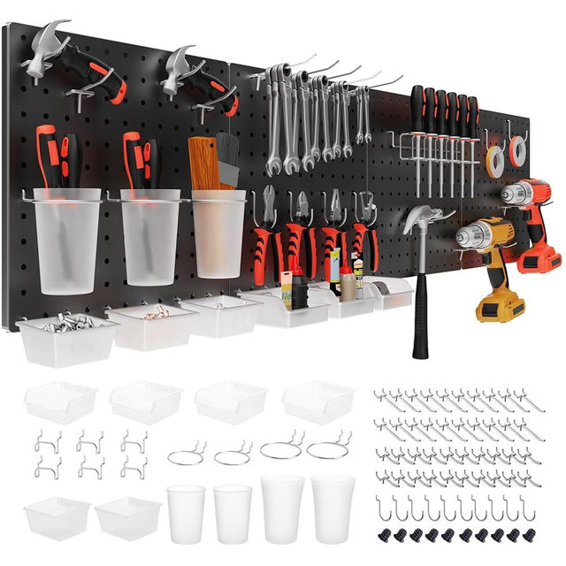 FZK Peg Board, 74PCS Metal Pegboard Wall Organizer Kit. Heavy Duty Pegboard, Peg Boards, Pegboard for Walls, Black Pegboard for Garage Craft Room Workbench Office Kitchen Tool Organization, 24 * 24
