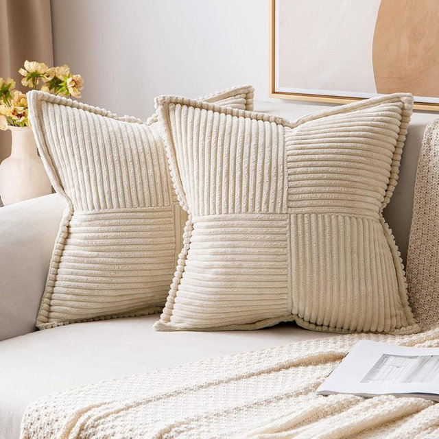 MIULEE Corduroy Pillow Covers with Splicing Set of 2 Super Soft Boho Striped Pillow Covers Broadside Decorative Spring Throw Pillows for Couch Cushion Livingroom 22x22 inch, Beige