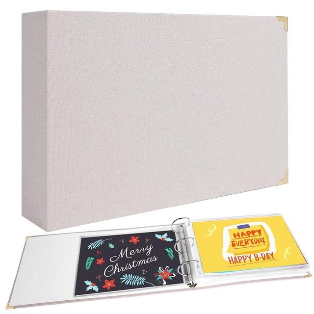 Greeting Card Storage Organizer, Insert One Opened Card per Sheet, D-Ring Binder Organizer for 4x6'' 5x7'' Birthday Christmas Cards, Linen Cover Card Keeper 100 Cards, Stickers, Photos Protection
