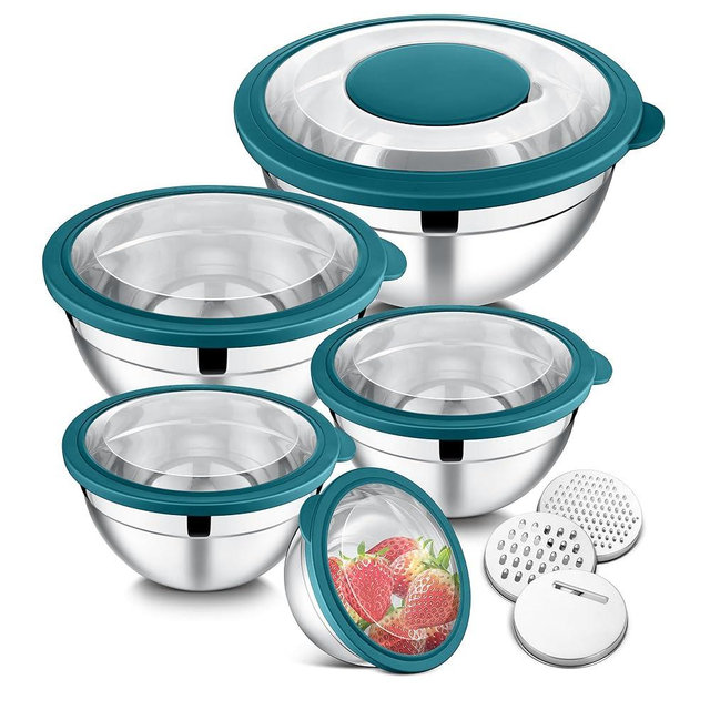 E-far Mixing Bowls Set of 5, Stainless Steel Salad Mixing Bowl with Transparent Lid, Metal Nesting Bowl Attach with 3 Graters for Kitchen Prepping/Serving/Baking/Storage, 4.6/2.6/1.5/1/0.7 QT - Blue