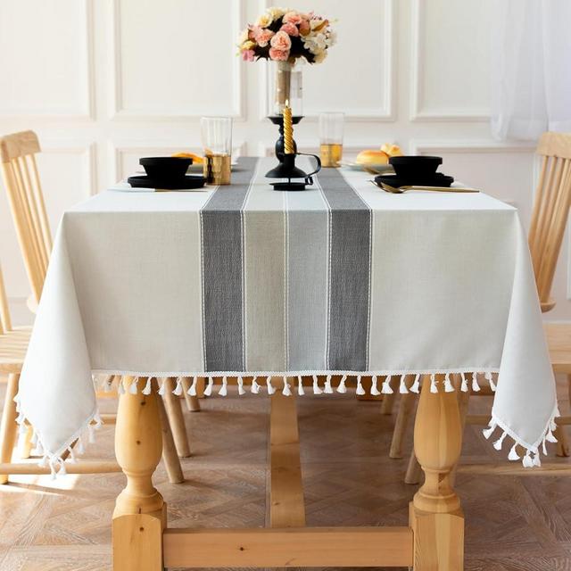 Laolitou Rustic Tablecloth Cotton Linen Waterproof Tablecloths Burlap Table Cloths for Kitchen Dining Cloth Table Cloth for Rectangle Tables Light Grey Stripes Rectangle,55"x120",10-12 Seats