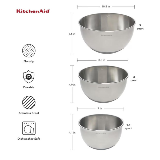 KitchenAid Stainless Steel Mixing Bowls, Set Of 3