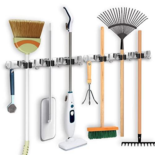 IMILLET Broom and Mop Holder Wall Mounted Broom Holder Stainless Steel Mop Holder Self Adhesive Heavy Duty Hooks Storage Organizer for Laundry Room Garden Garage Closet Kitchen （2 Pack）