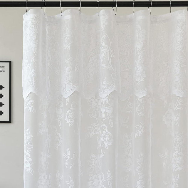 FINECITY White Lace Shower Curtain 72 Inch Length, Rustic Floral Pattern Sheer Lace Shower Curtain with Attached Valance for Bathroom, Reinforce Hole Sheer Shower Curtain, 72 x 72 Inch, 1 Panel, White