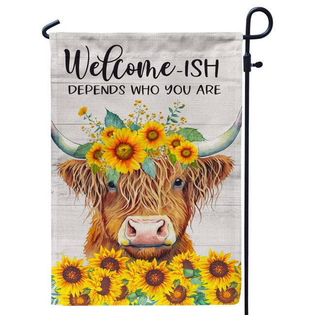 Spring Highland Cow Garden Flags, Welcome Cow Sunflower Summer Garden Flag for Outside/Outdoor Hanging Decorations Burlap 12x18 Inch