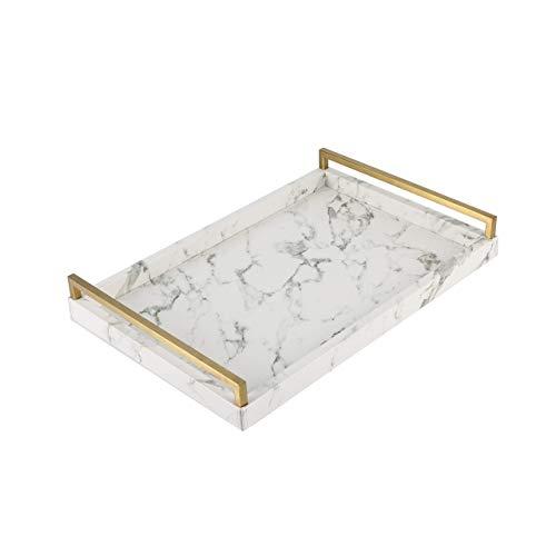 WV Decorative Tray Faux Leather Faux Marble Finish with Brushed Ti-Gold Stainless Steel Handle (White)