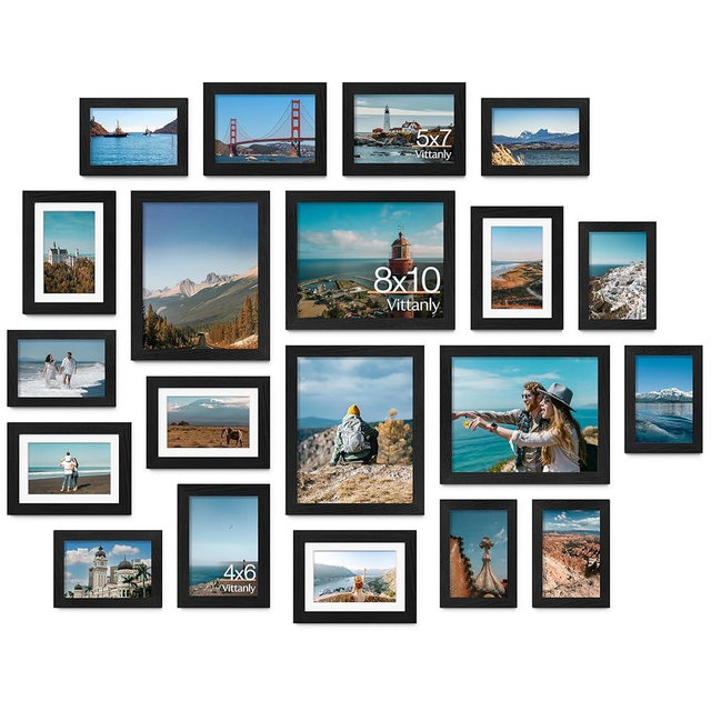 Vittanly Picture Frames Set of 20, Picture Frames Collage Wall Decor for Wall Mounting or Tabletop Display, Gallery Wall Frame Set with 4Pcs 8x10, 8Pcs 5x7 and 8Pcs 4x6, Black
