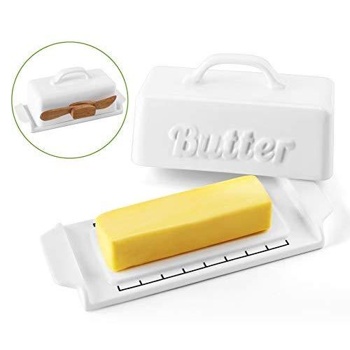DOWAN Butter Dish with Lid, Porcelain Butter Container with Wooden Knife, Mini Butter Dish, White