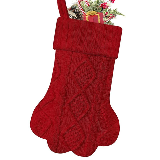 Malier Christmas Stocking for Dogs Cats, Knit White Dog Christmas Stocking, Paw Shape Pet Christmas Stocking Large Cat Stockings Hanging Stocking for Dogs Cats Pets (Red)