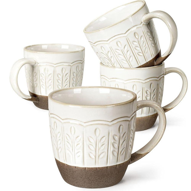 Artena Ceramic Coffee Mugs Set of 4, 16oz Embossed Large Latte Mugs Coffee Cups with Handle for Tea, Latte, Cappuccino & Cocoa, Milk Dishwasher & Microwave Safe, White (Wheat Leaf)