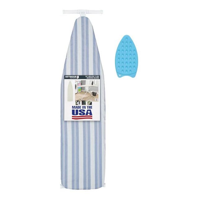 Ironing Board Full Size; Made in USA by Seymour Home Products (Blue Stripe) Bundle Includes Cover, Pad, and Silicone Iron Rest | Iron Board w/Steel T-Legs Adjustable from Tabletop up to 35" High