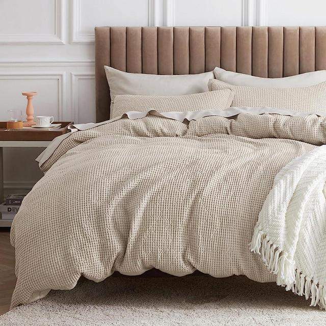Bedsure Cotton Duvet Cover Set - 100% Cotton Waffle Weave Beige Duvet Cover California King Size, Soft and Breathable Cal King Duvet Cover Set for All Season (Cal King, 104"x98")