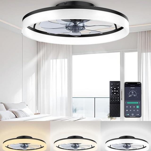 Ceiling Fans with Lights and Remote, 20" Fandelier Ceiling Fan Flush Mount, 3000K-6500K Smart Bladeless LED Fan Light, Modern Low Profile Ceiling Fan with Light for Bedroom, Kids Room and Living Room.