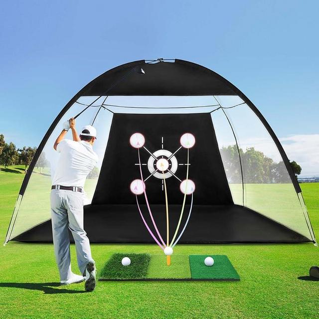 Golf Net,Golf Practice Net 10x7FT Duty Indoor&Outdoor Training System with Tri-Turf Mat & 10 Balls, Backyard Driving Chipping Aid Gift for Men Dad Him and Golfers