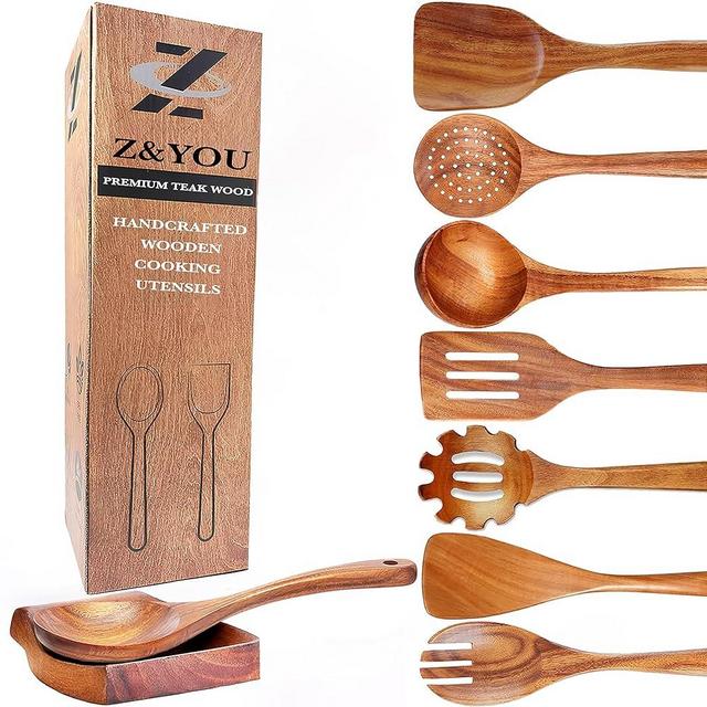 9-Piece Teak Wooden Spoons for Cooking, Durable Wood Utensil Set, Natural Teak Wood Non Toxic Utensils – Safe and Non Toxic for Your Family – Wooden Spoons and Spatulas for Kitchen by Z&YOU