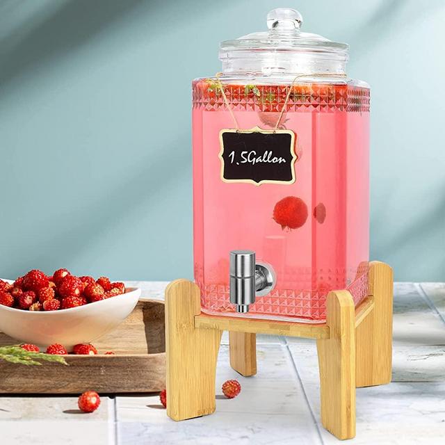 1.5 Gallon Glass Beverage Dispenser With Stand(Natual Bamboo). Water Drink Dispensers for Parties With Stainless Steel Spigot 100% Leakproof.Perfect For Parties And Daily Use.
