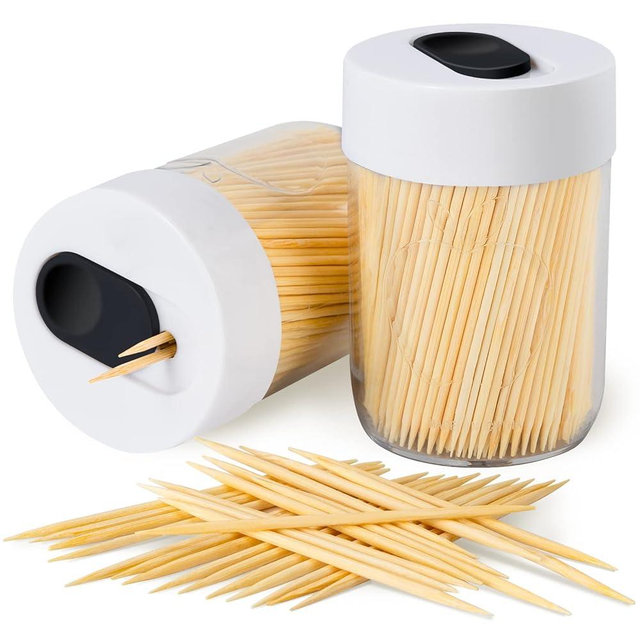 Urbanstrive Sturdy Safe Toothpick Holder with 800 Natural Wood Toothpicks for Teeth Cleaning, Unique Home Design Decoration, Unusual Gift, 2 Pack, White