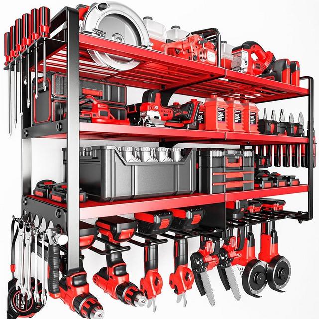 POKIPO Upgrade Large power tool organizer Wall Mount,4 Layers Heavy Duty Metal Loads 400lbs Power Tool Hanger Shelf Battery Storage with 8 Cordless Drill Bit Holder,Utility Racks for Garage Tool Room