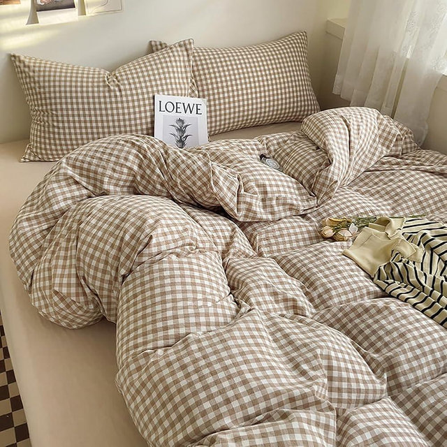 Nayoroom Brown Gingham Comforter Set Queen Size Tan Plaid Checkered Comforter 3 Pieces Soft Lightweight Grid Farmhouse Dorm Bedding Set for All Seasons