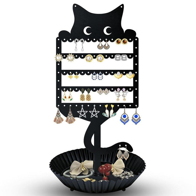 Earring Holder Hanging Organizer Stand Jewelry Rack Metal Cute Cat Tree Shelf Room Decor Table Ear Stud Holder Display Tower with Ring Storage Tray for Teens Girls Kids Cat Lovers