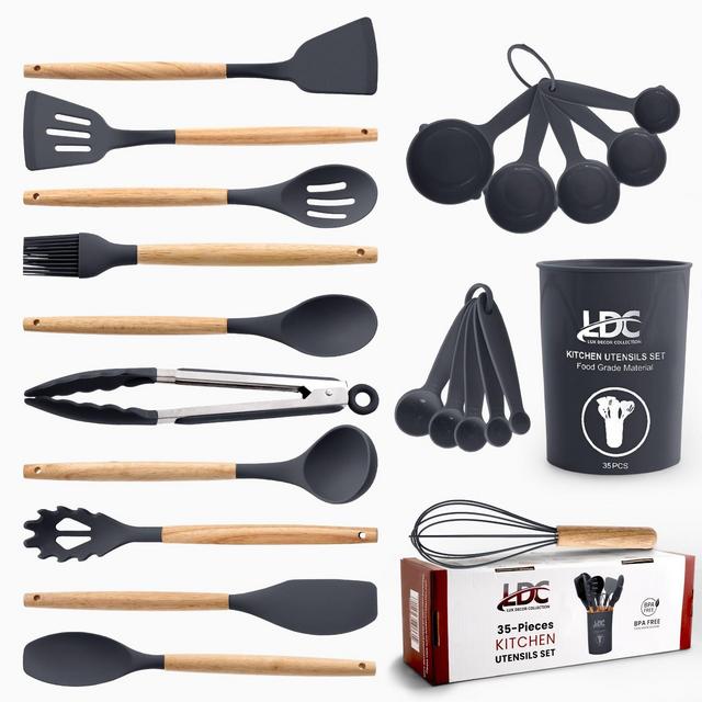 35Pcs Kitchen Utensil Set with Turner, Ladle, Spatula, Pasta Server, Whisk, Tongs & Measuring Cups, Spoons - Gray