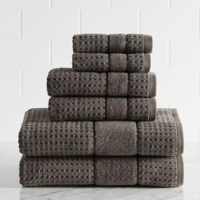 Waffle Tyne Towel Bundle, Bath/Hand/Washcloth, Charcoal, Set of 6
